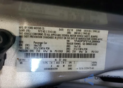 2018 Ford Focus Se z USA, uszkodzony, nr VIN 1FADP3F21JL288964